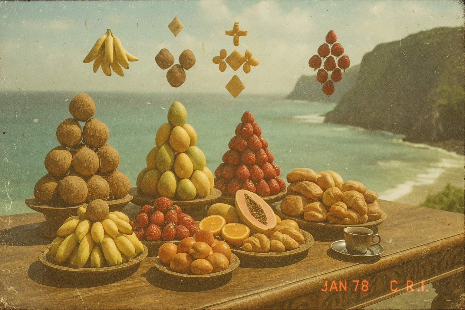 Fruit pyramids and suspended geometric forms on a warm-toned coastal breakfast table.