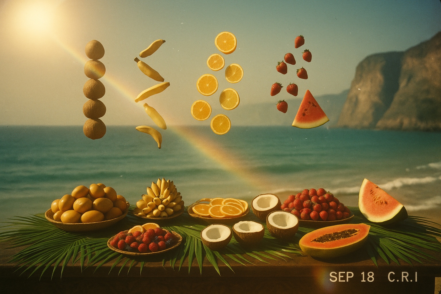 Coconuts, bananas, citrus and strawberries suspended over a coastal table beneath a rainbow