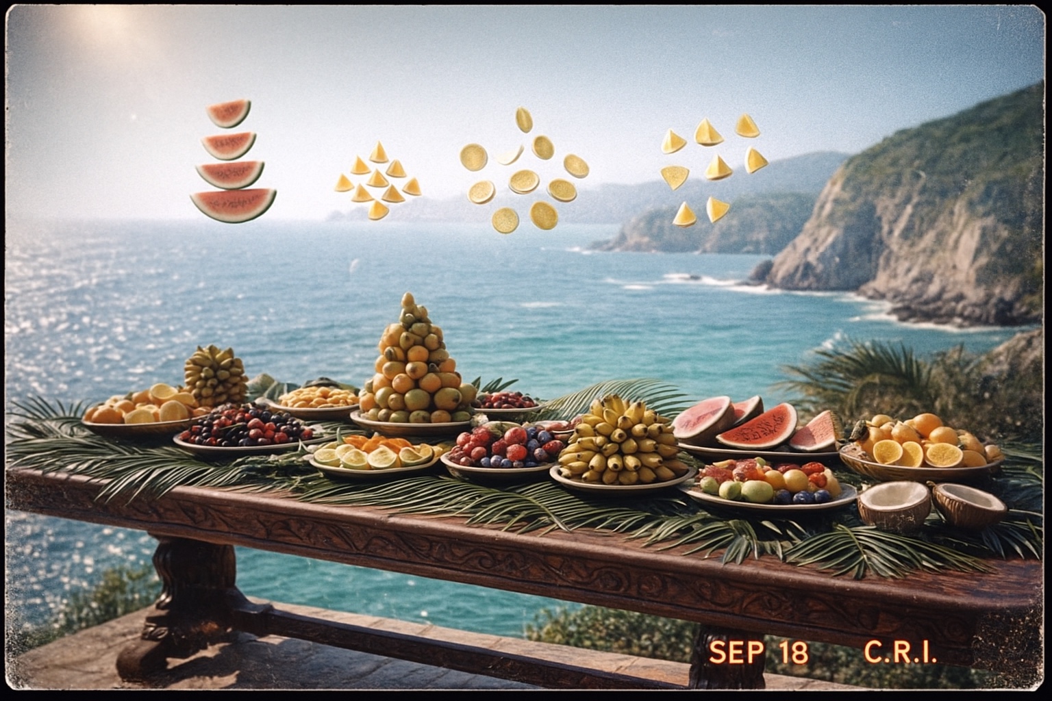 Watermelon and geometric fruit arrangements suspended above a long table overlooking the sunlit sea.