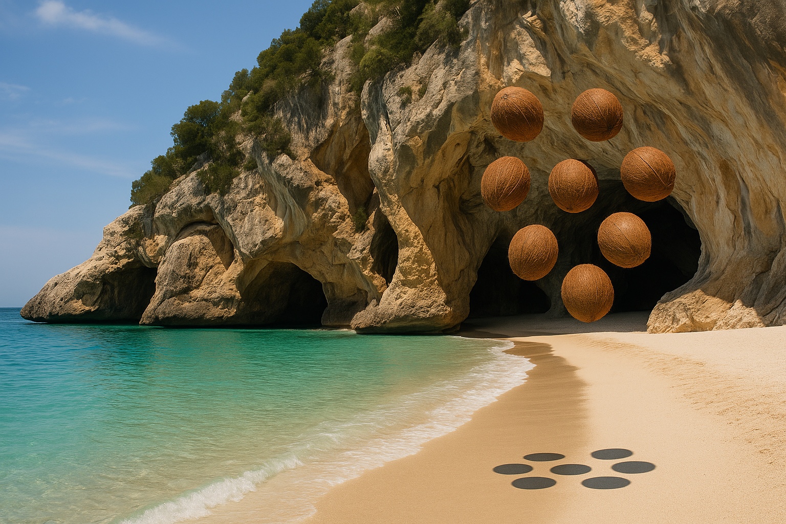 Coconuts suspended above a limestone sea cave.