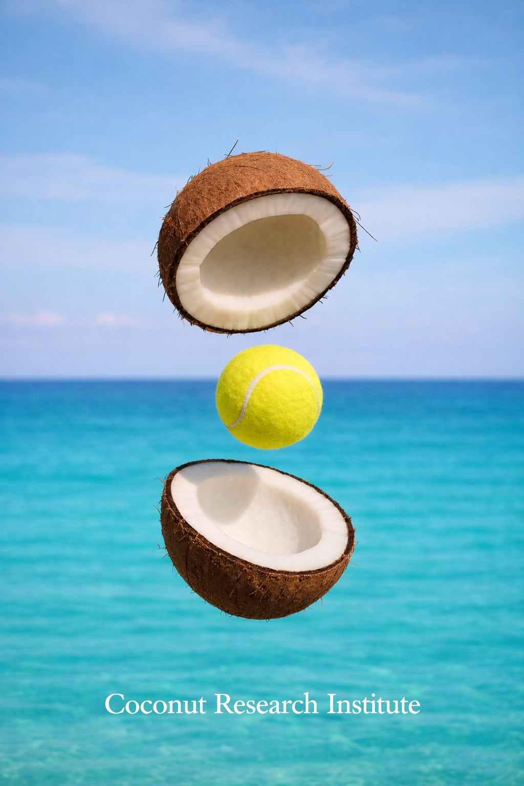 Two coconut hemispheres and a tennis ball form a vertical comparison of shell, sphere, color and balance.